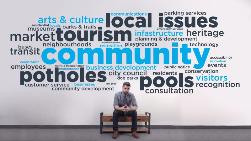 man sitting on a bench with a word cloud above his head