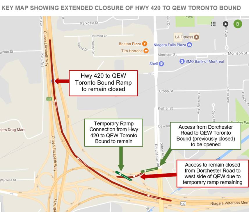 Key Map Showing Extended Closure of Hwy 420 to QEW Toronto Bound
