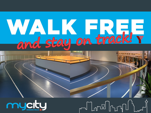 Walk Free and stay on track! featuring two photos of the blue indoor walking track at the Niagara Falls YMCA